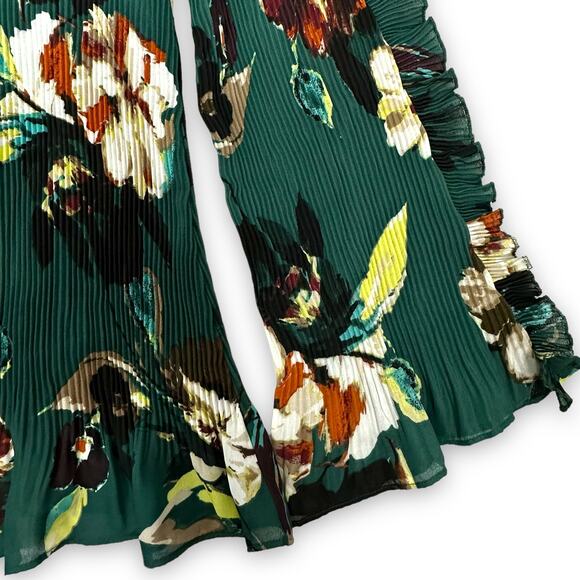 Melissa Paige Pleated Floral Blouse Top Cold Shoulder Ruffle Sleeve Green Small - Picture 5 of 8